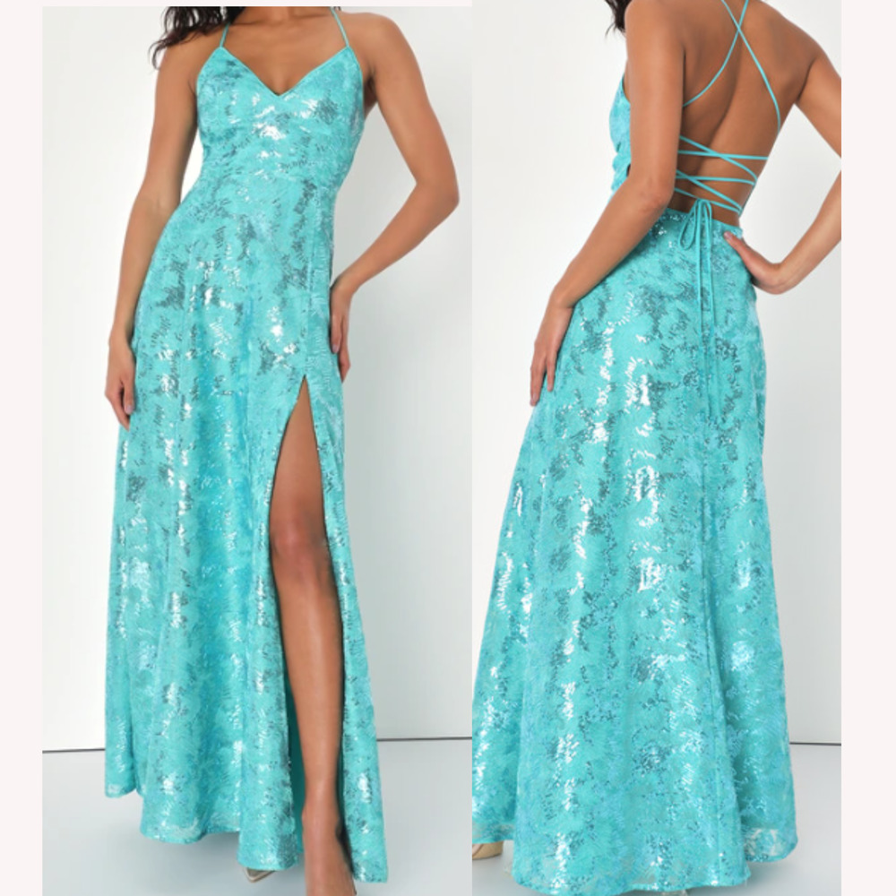 LULU'S SZ S Glittering Presence Teal Green Sequin Lace-Up Maxi Dress NEW B17